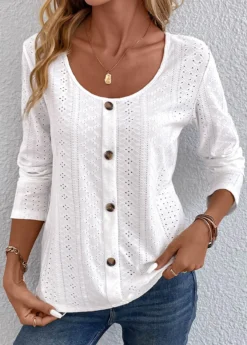 White Button Long Sleeve Scoop Neck Hollow T Shirt -LICA Clothing Shop 338014 P 16898486821073