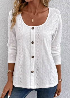 White Button Long Sleeve Scoop Neck Hollow T Shirt -LICA Clothing Shop 338014 P 16898486822242