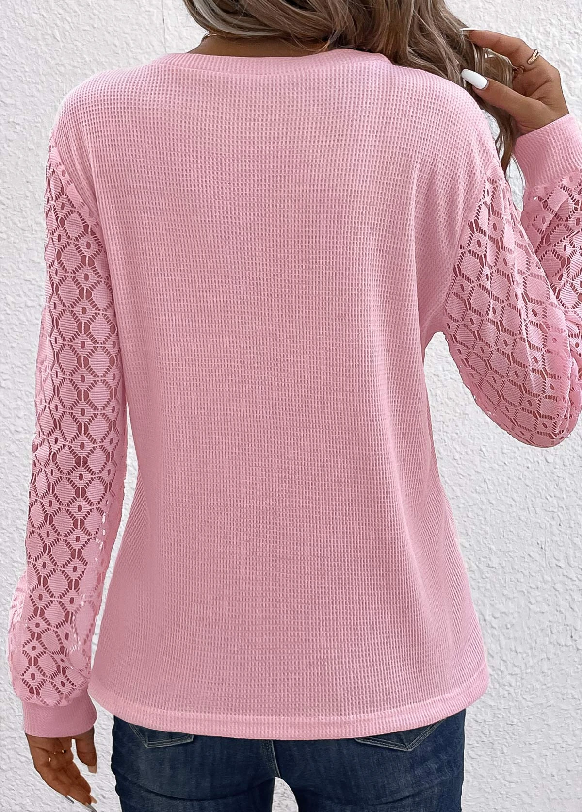 Pink Lace Long Sleeve Round Neck T Shirt 2 Pink Lace Long Sleeve Round Neck T Shirt - Image 2