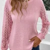 Pink Lace Long Sleeve Round Neck T Shirt