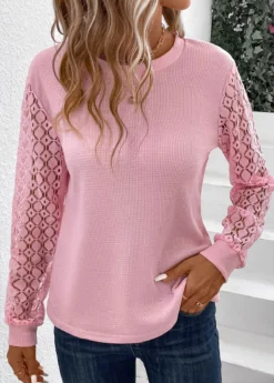 Pink Lace Long Sleeve Round Neck T Shirt