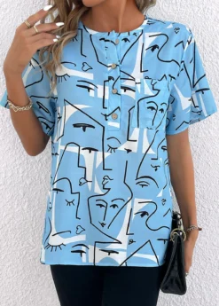 Sky Blue Button Graffiti Print T Shirt 8 Sky Blue Button Graffiti Print T Shirt -LICA Clothing Shop 338084 P 16898341454412
