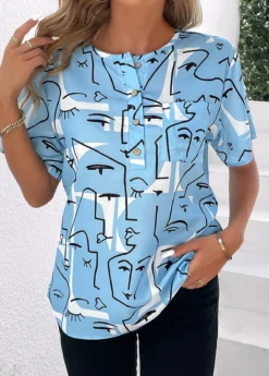 Sky Blue Button Graffiti Print T Shirt 9 Sky Blue Button Graffiti Print T Shirt -LICA Clothing Shop 338084 P 16898341454893