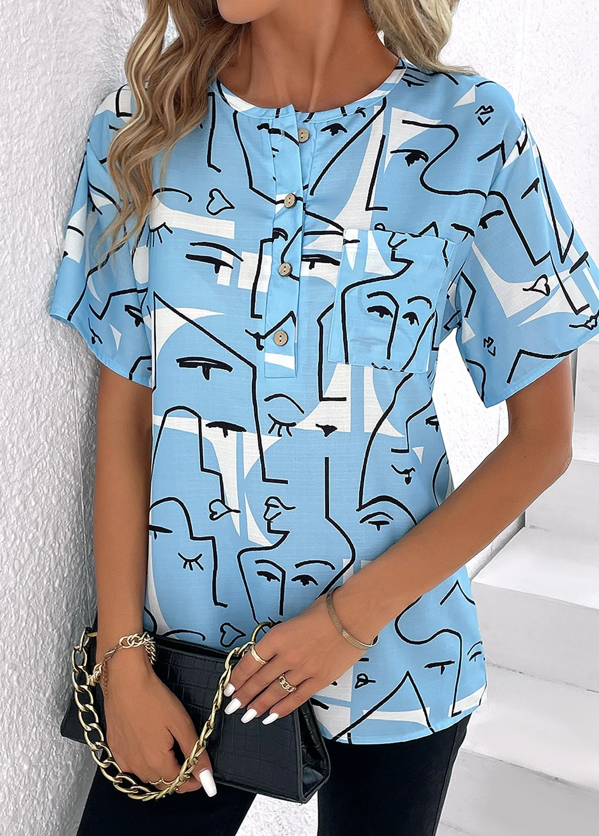 Sky Blue Button Graffiti Print T Shirt 6 Sky Blue Button Graffiti Print T Shirt - Image 6
