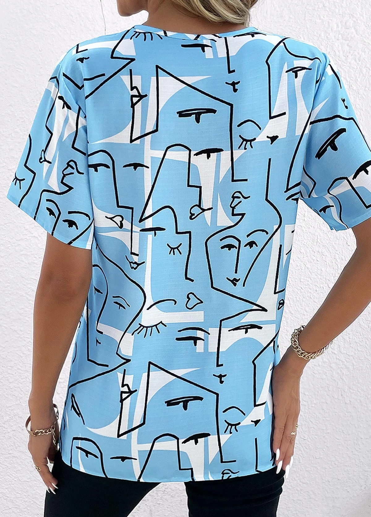Sky Blue Button Graffiti Print T Shirt 2 Sky Blue Button Graffiti Print T Shirt - Image 2