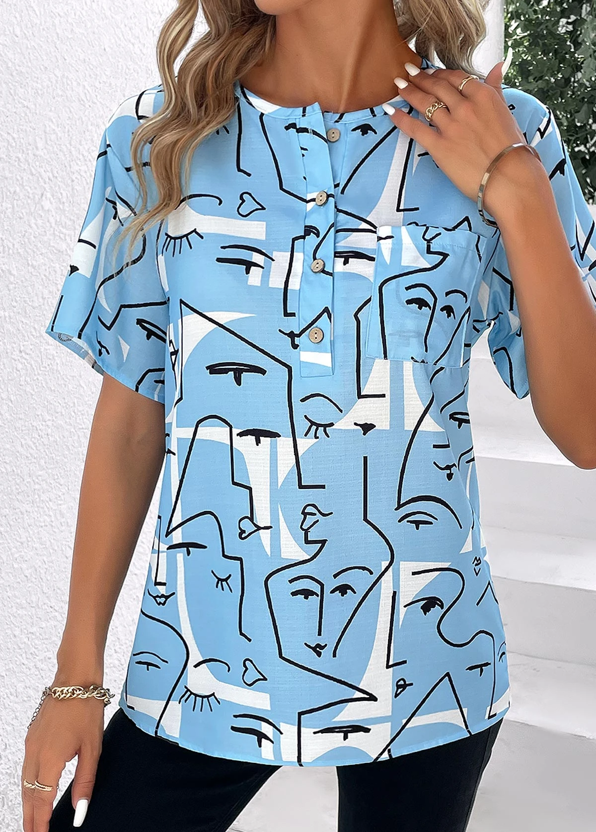 Sky Blue Button Graffiti Print T Shirt 5 Sky Blue Button Graffiti Print T Shirt - Image 5