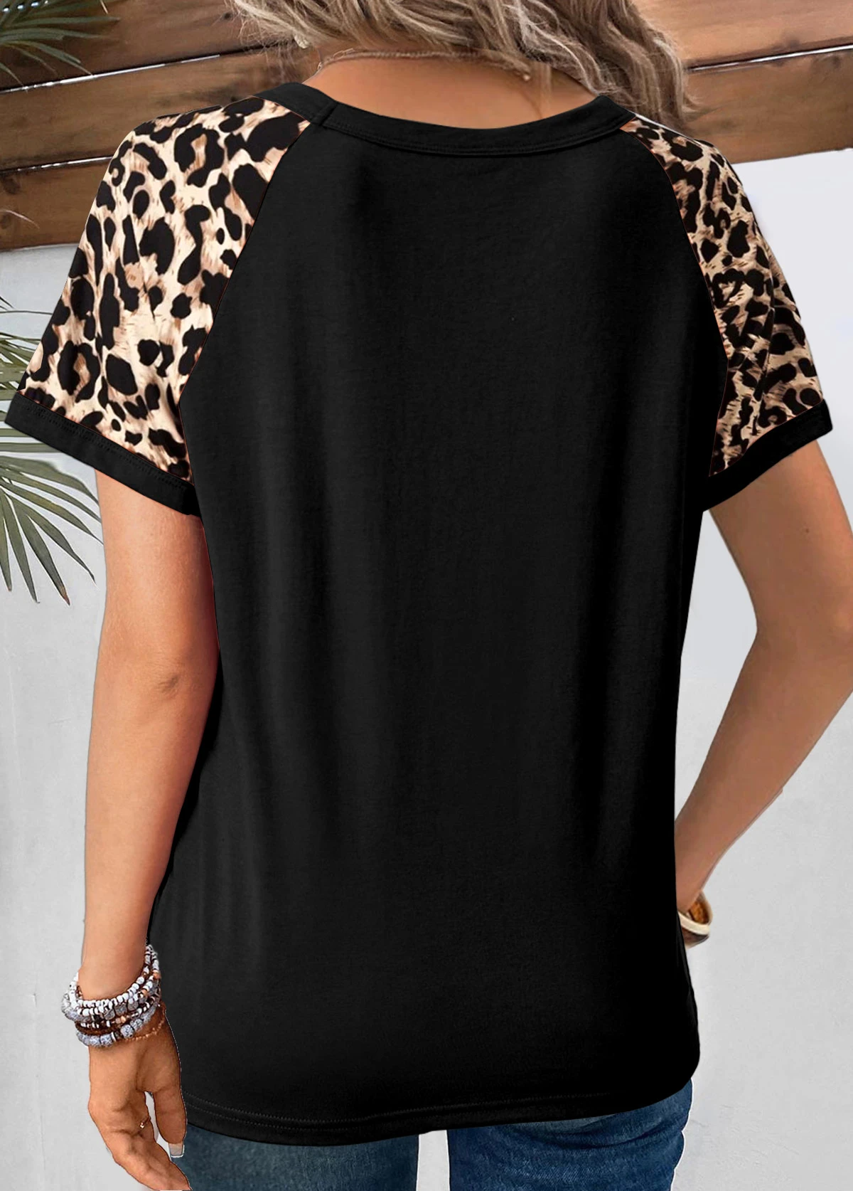 Black Patchwork Leopard Short Sleeve T Shirt 2 Black Patchwork Leopard Short Sleeve T Shirt - Image 2