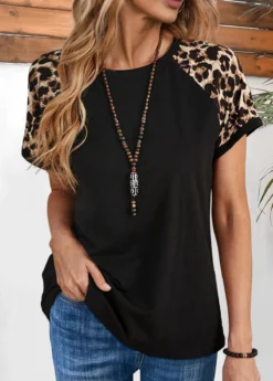 Black Patchwork Leopard Short Sleeve T Shirt 5 Black Patchwork Leopard Short Sleeve T Shirt -LICA Clothing Shop 338129 P 1689150689399