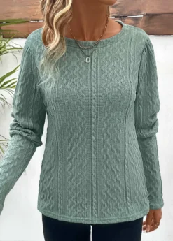 Sage Green Ruched Long Sleeve Round Neck T Shirt -LICA Clothing Shop 338181 P 16909385704094