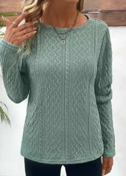 Sage Green Ruched Long Sleeve Round Neck T Shirt -LICA Clothing Shop 338181 P 16909385705193