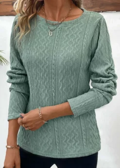 Sage Green Ruched Long Sleeve Round Neck T Shirt -LICA Clothing Shop 338181 P 16909385709302