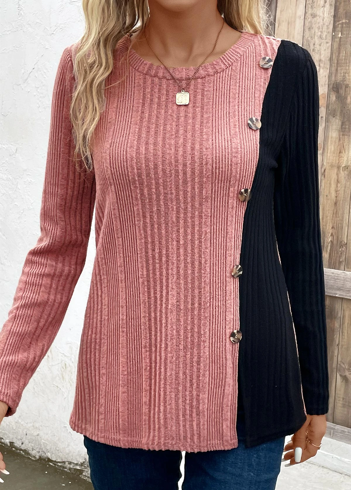 Black Patchwork Long Sleeve Round Neck T Shirt 6 Black Patchwork Long Sleeve Round Neck T Shirt - Image 6