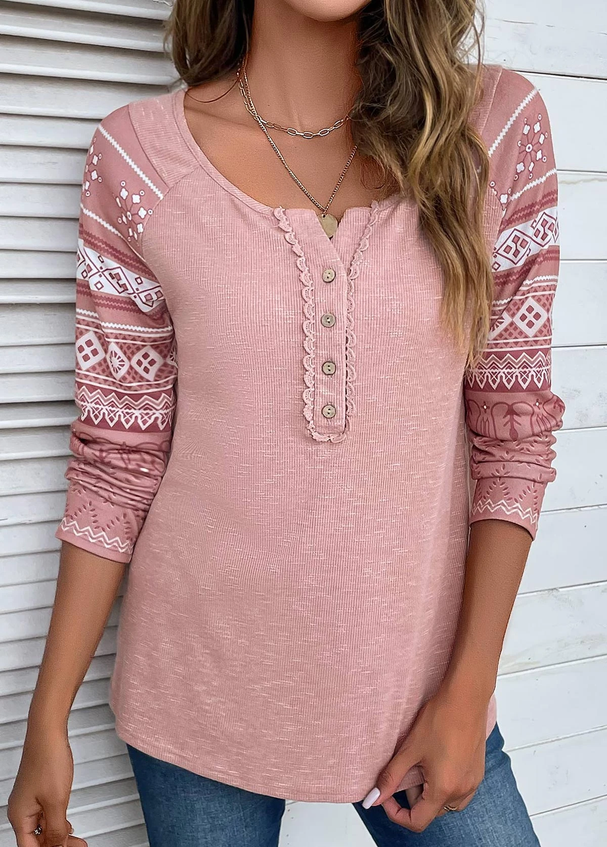 Pink Lace Tribal Print Long Sleeve T Shirt 3 Pink Lace Tribal Print Long Sleeve T Shirt - Image 3
