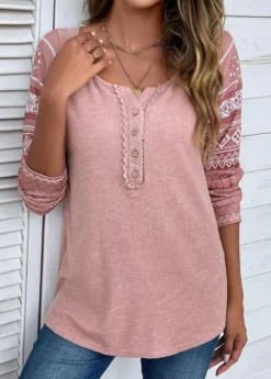 Pink Lace Tribal Print Long Sleeve T Shirt
