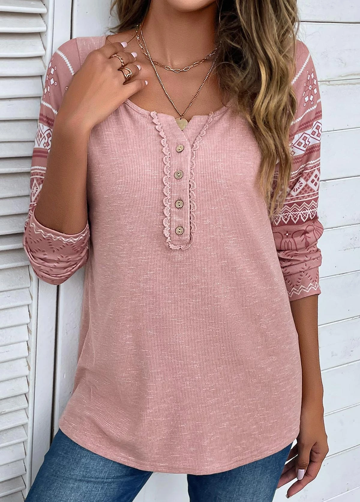 Pink Lace Tribal Print Long Sleeve T Shirt 1 Pink Lace Tribal Print Long Sleeve T Shirt