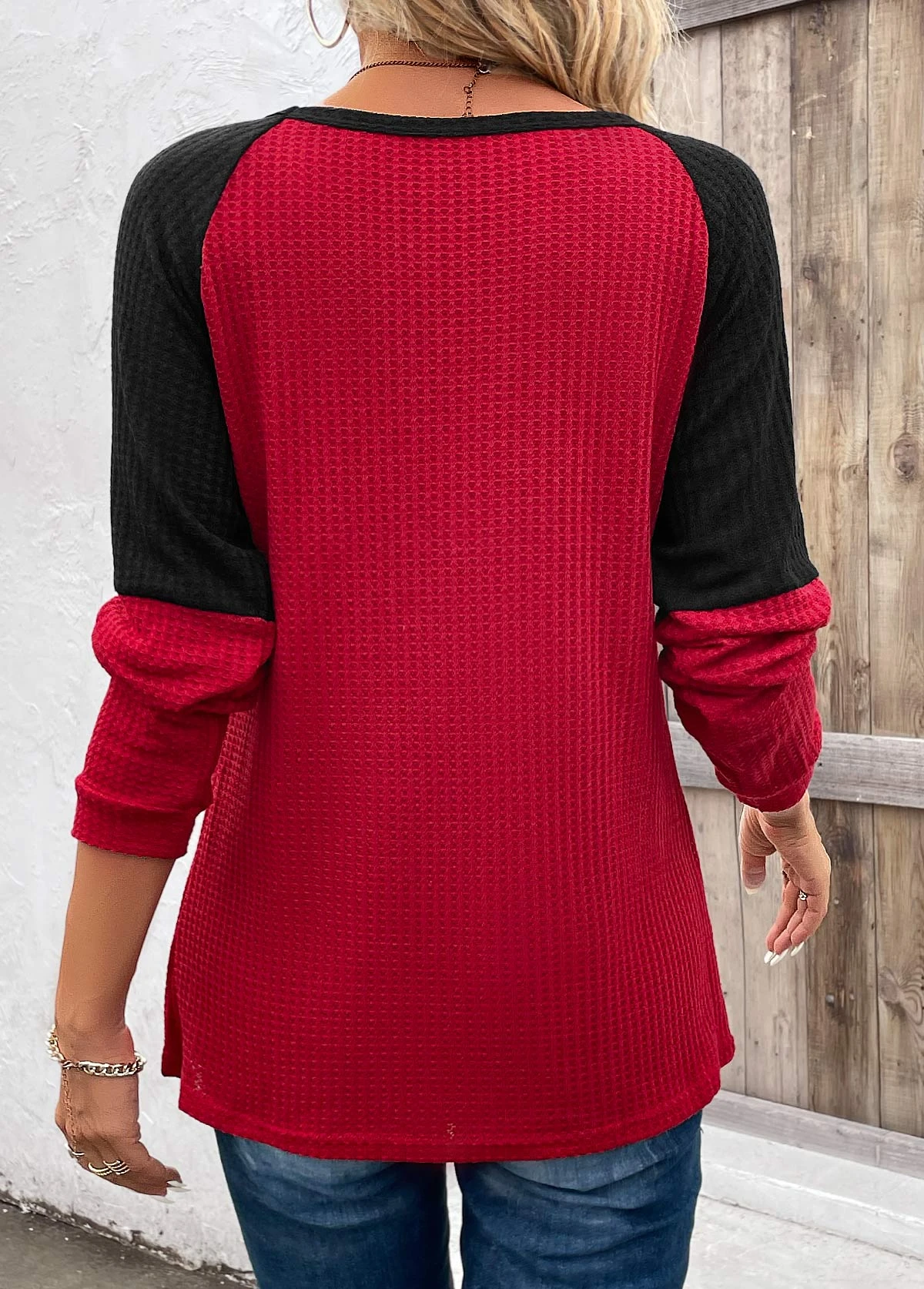 Wine Red Patchwork Long Sleeve Round Neck T Shirt 2 Wine Red Patchwork Long Sleeve Round Neck T Shirt - Image 2