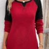 Wine Red Patchwork Long Sleeve Round Neck T Shirt