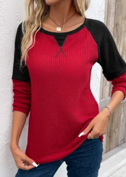Wine Red Patchwork Long Sleeve Round Neck T Shirt 8 Wine Red Patchwork Long Sleeve Round Neck T Shirt -LICA Clothing Shop 339210 P 16929593844732