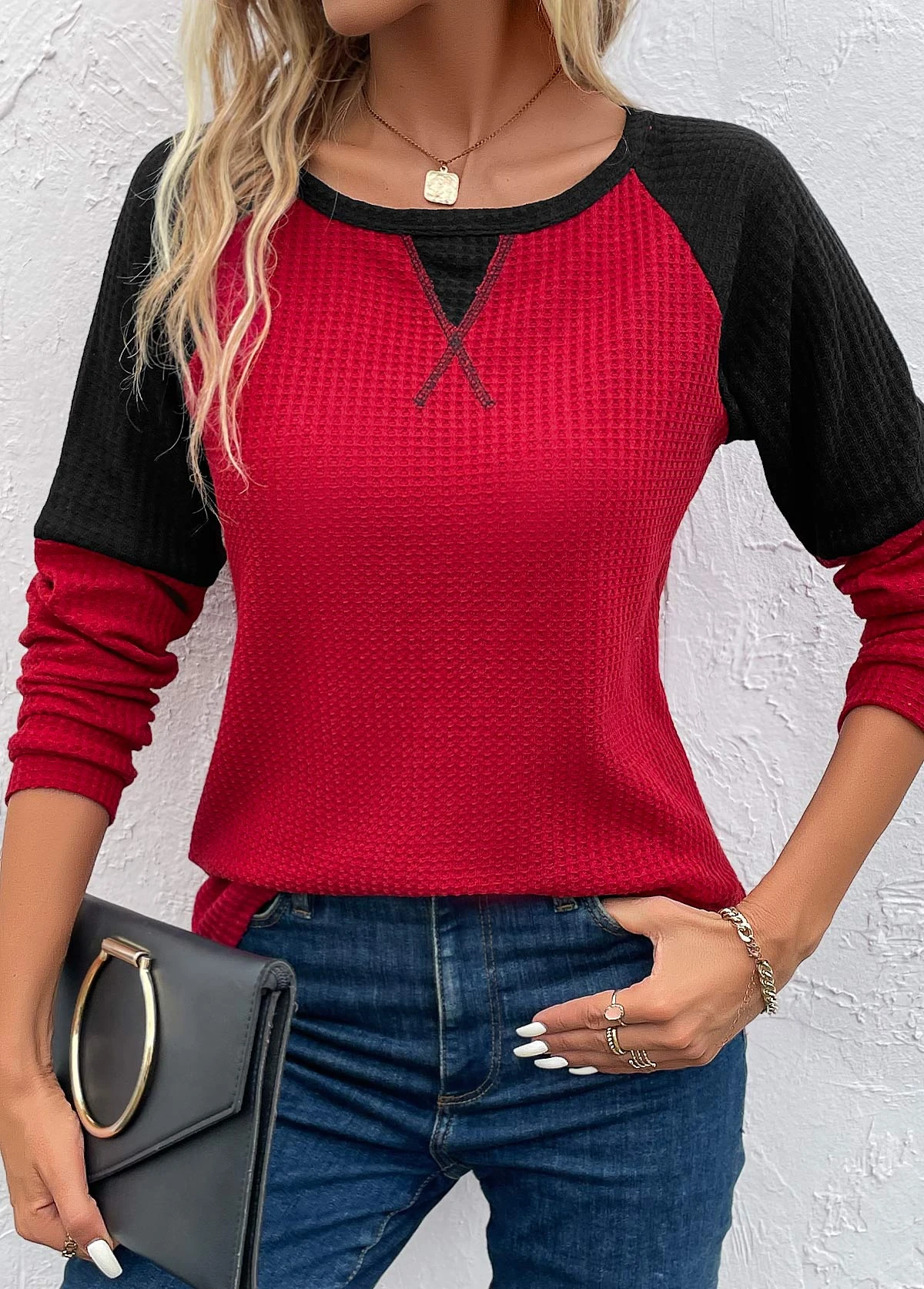 Wine Red Patchwork Long Sleeve Round Neck T Shirt 6 Wine Red Patchwork Long Sleeve Round Neck T Shirt - Image 6