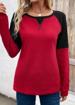 Wine Red Patchwork Long Sleeve Round Neck T Shirt 10 Wine Red Patchwork Long Sleeve Round Neck T Shirt -LICA Clothing Shop 339210 P 16929593848053