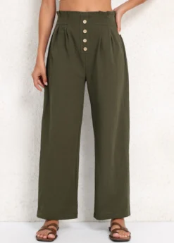 Olive Green Button Elastic Waist High Waisted Pants
