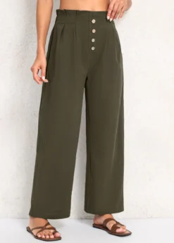 Olive Green Button Elastic Waist High Waisted Pants -LICA Clothing Shop 339219 P 16920054176753