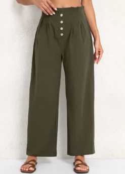 Olive Green Button Elastic Waist High Waisted Pants -LICA Clothing Shop 339219 P 16920054177912