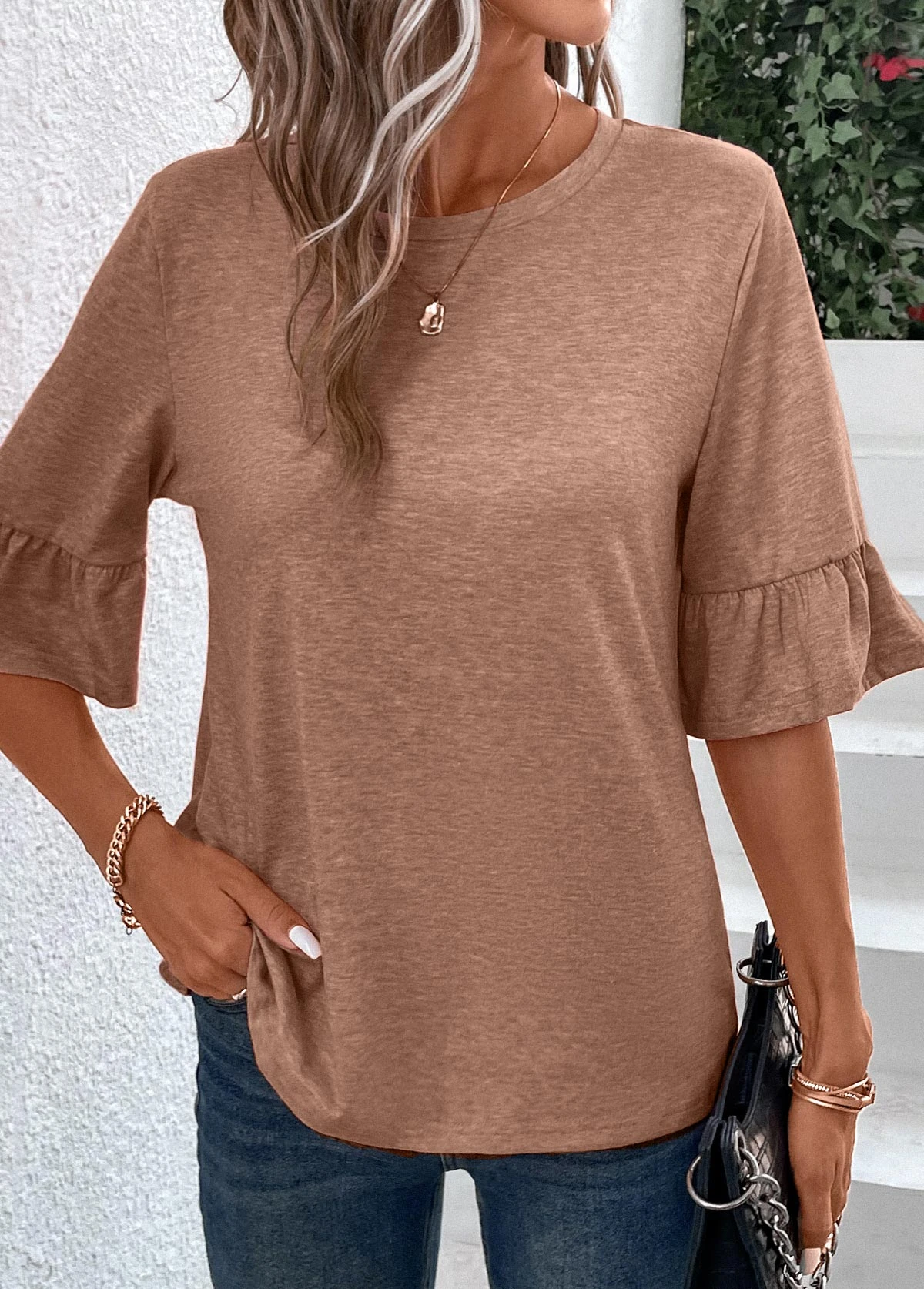 Light Camel Button Half Sleeve T Shirt 2 Light Camel Button Half Sleeve T Shirt - Image 2