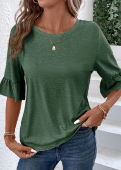 Green Button Half Sleeve Round Neck T Shirt -LICA Clothing Shop 339341 P 16908908090892