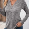 Dark Grey Button Long Sleeve Split Neck T Shirt