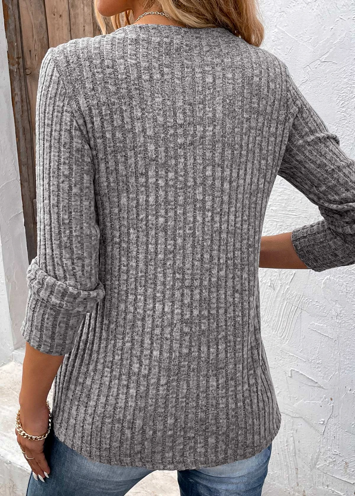 Dark Grey Button Long Sleeve Split Neck T Shirt 2 Dark Grey Button Long Sleeve Split Neck T Shirt - Image 2