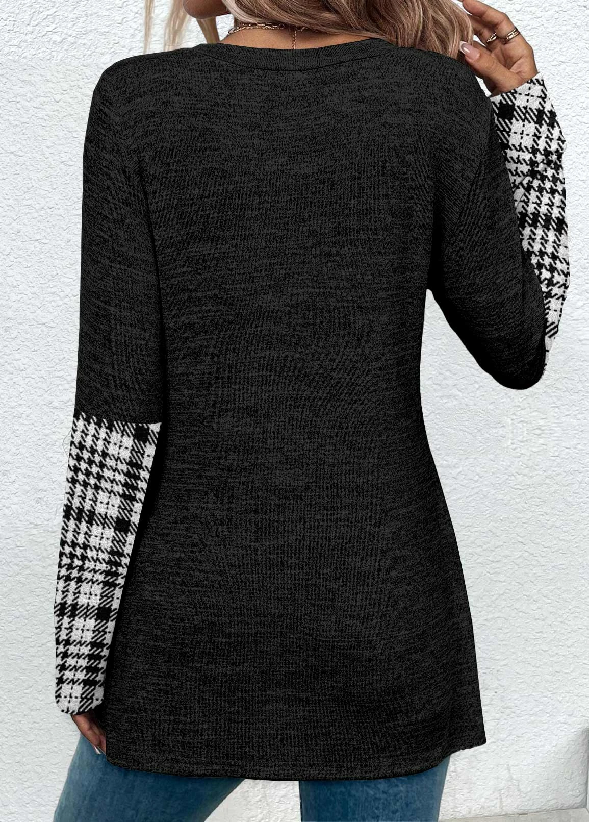 Black Patchwork Plaid Long Sleeve T Shirt 2 Black Patchwork Plaid Long Sleeve T Shirt - Image 2