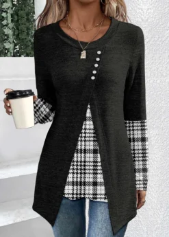 Black Patchwork Plaid Long Sleeve T Shirt