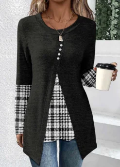 Black Patchwork Plaid Long Sleeve T Shirt 5 Black Patchwork Plaid Long Sleeve T Shirt -LICA Clothing Shop 340242 P 1692612621654