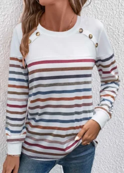 White Patchwork Striped Long Sleeve T Shirt 5 White Patchwork Striped Long Sleeve T Shirt -LICA Clothing Shop 340386 P 1692081318301