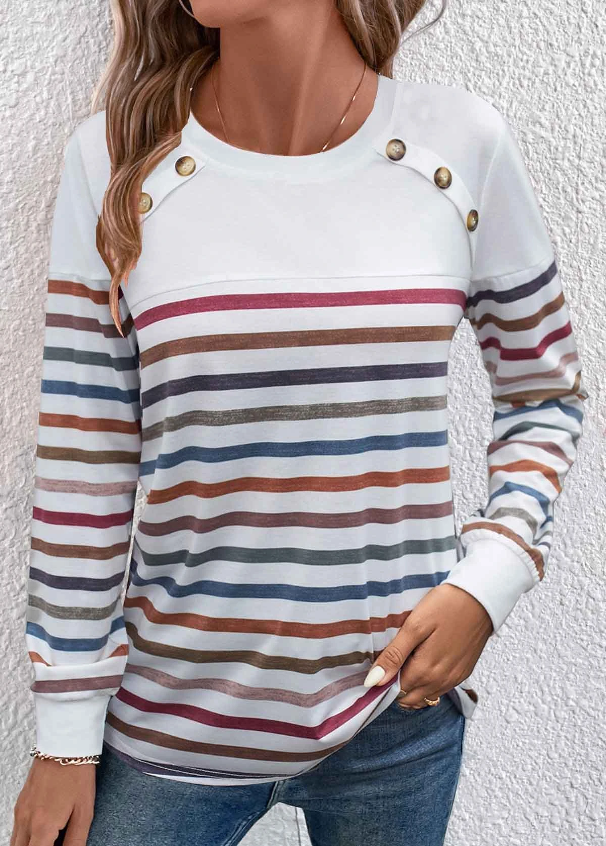 White Patchwork Striped Long Sleeve T Shirt 3 White Patchwork Striped Long Sleeve T Shirt - Image 3