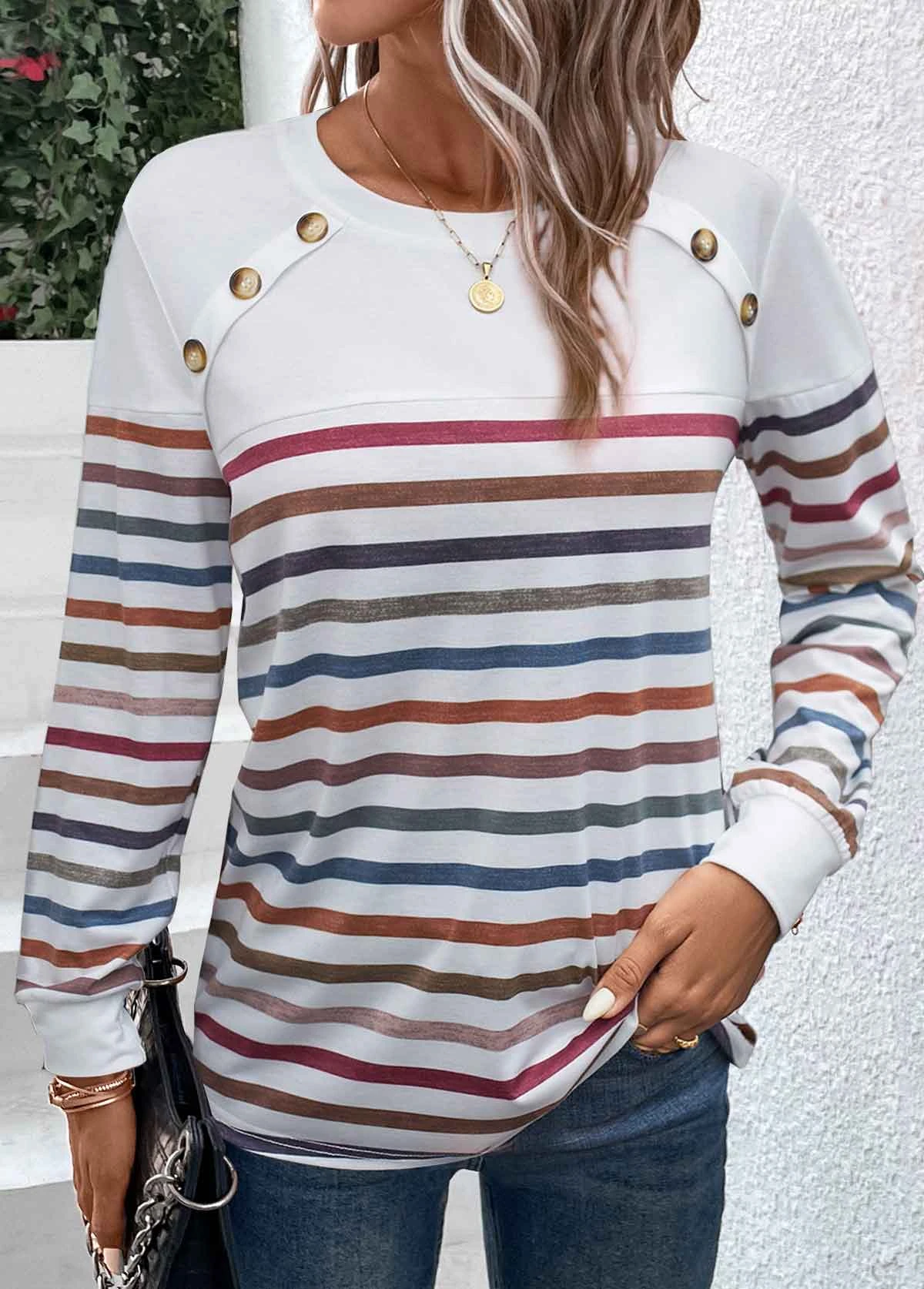 White Patchwork Striped Long Sleeve T Shirt 1 White Patchwork Striped Long Sleeve T Shirt