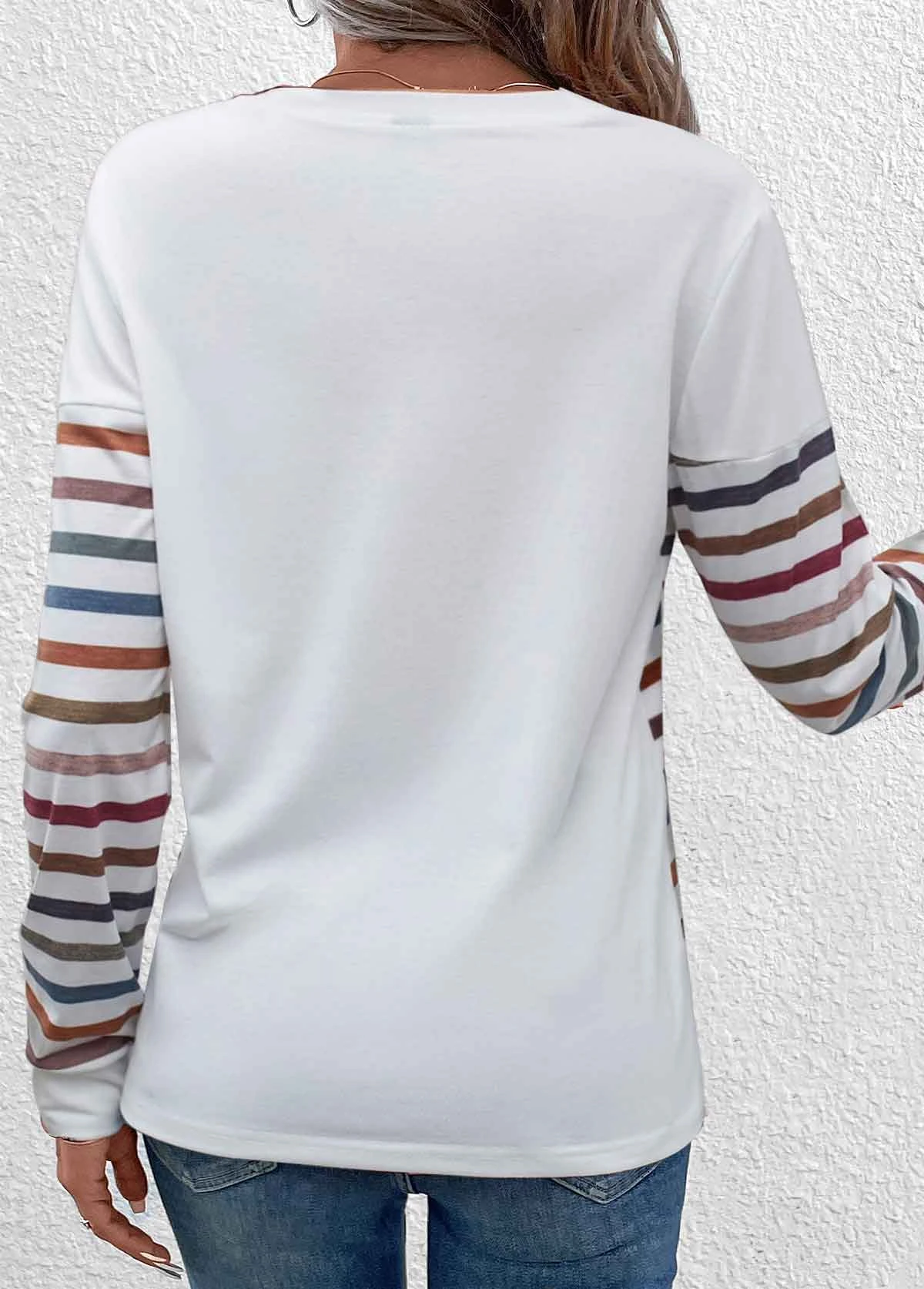 White Patchwork Striped Long Sleeve T Shirt 2 White Patchwork Striped Long Sleeve T Shirt - Image 2