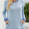 Light Blue Pocket Long Sleeve Round Neck T Shirt