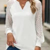 White Lace Long Sleeve Split Neck T Shirt