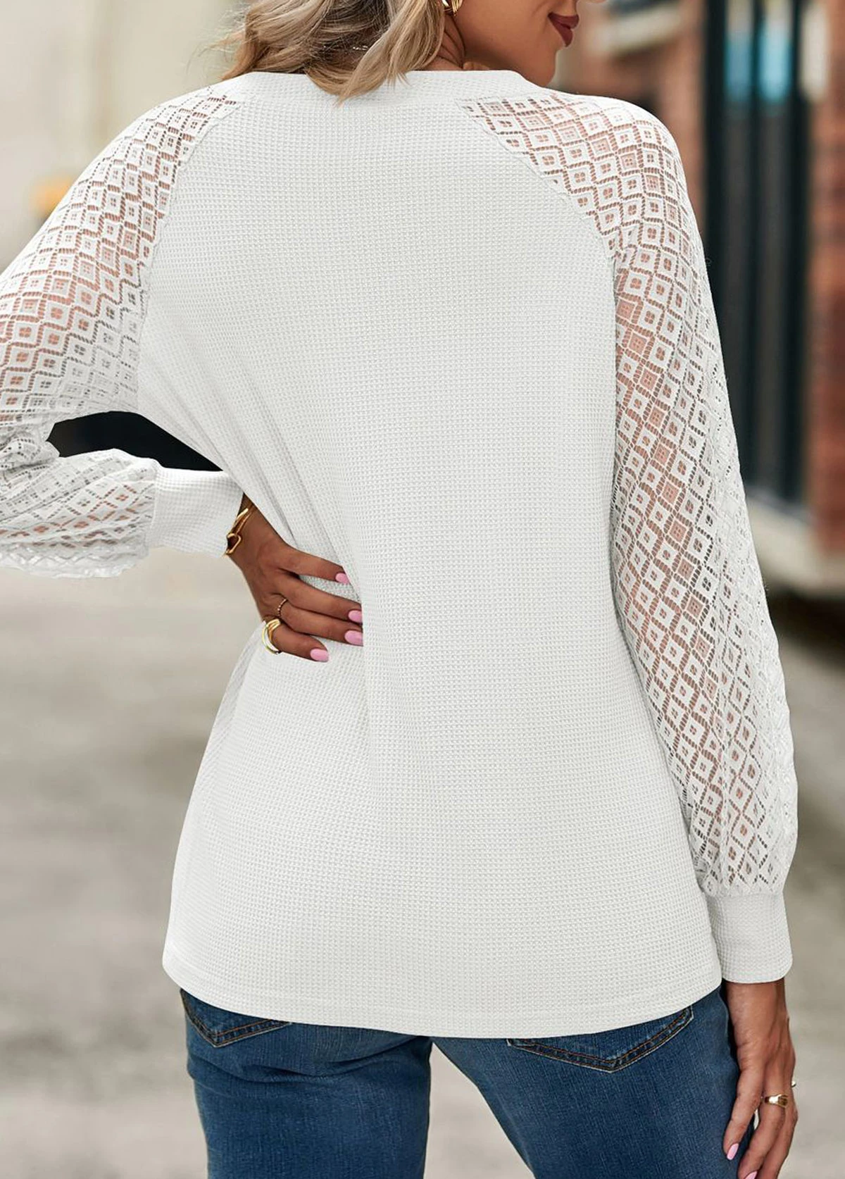White Lace Long Sleeve Split Neck T Shirt 2 White Lace Long Sleeve Split Neck T Shirt - Image 2