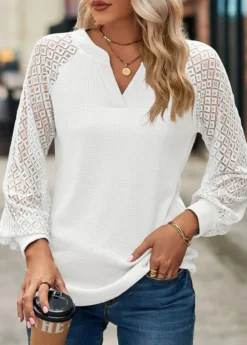 White Lace Long Sleeve Split Neck T Shirt 6 White Lace Long Sleeve Split Neck T Shirt -LICA Clothing Shop 340843 P 1692860624966
