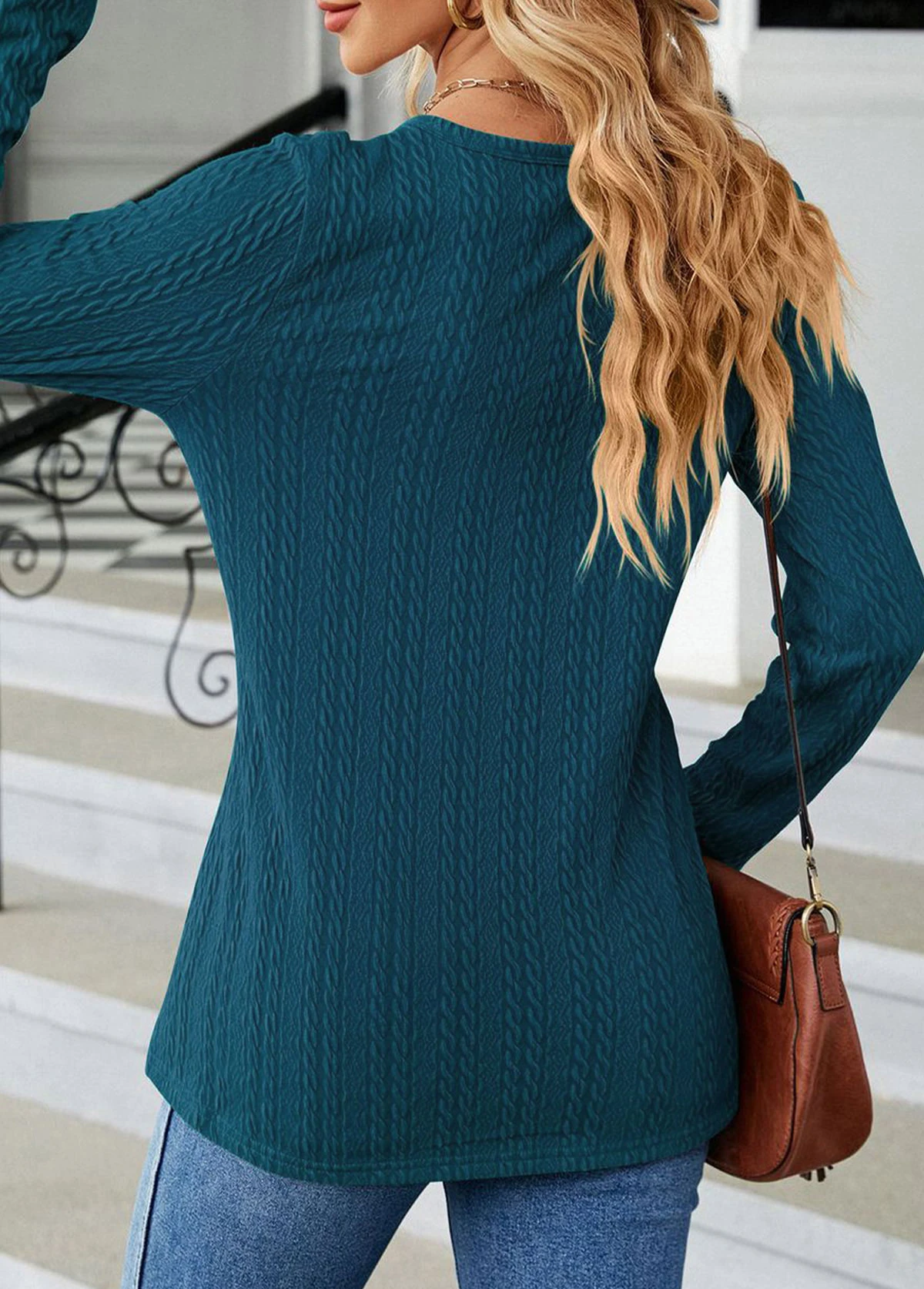 Turquoise Button Long Sleeve V Neck T Shirt 2 Turquoise Button Long Sleeve V Neck T Shirt - Image 2