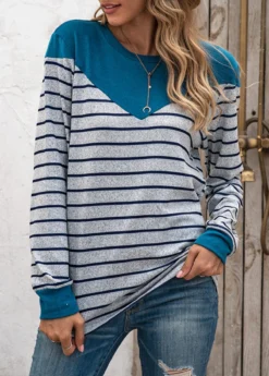 Grey Patchwork Striped Long Sleeve Round Neck T Shirt -LICA Clothing Shop 341267 P 1692869173480