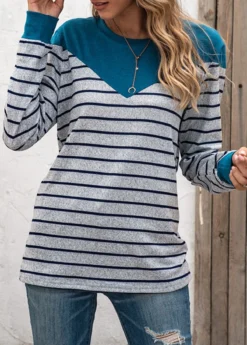 Grey Patchwork Striped Long Sleeve Round Neck T Shirt -LICA Clothing Shop 341267 P 1692869173969