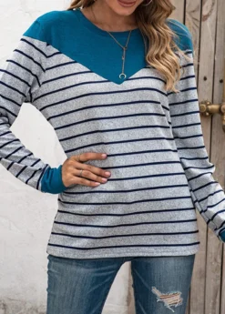 Grey Patchwork Striped Long Sleeve Round Neck T Shirt -LICA Clothing Shop 341267 P 1692869174758