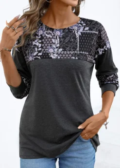Dark Grey Patchwork Tribal Print Long Sleeve T Shirt -LICA Clothing Shop 341640 P 16945158412212