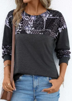 Dark Grey Patchwork Tribal Print Long Sleeve T Shirt -LICA Clothing Shop 341640 P 16945158413715