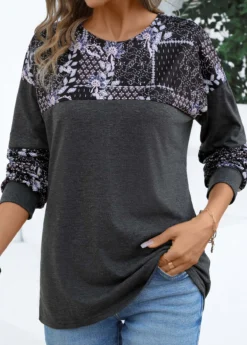 Dark Grey Patchwork Tribal Print Long Sleeve T Shirt -LICA Clothing Shop 341640 P 16945158417283