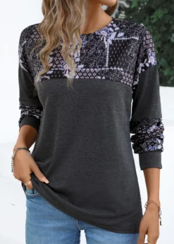 Dark Grey Patchwork Tribal Print Long Sleeve T Shirt